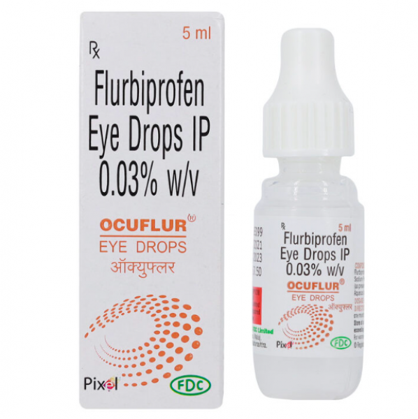 A bottle of Flurbiprofen 0.03% w/v eye drops. 