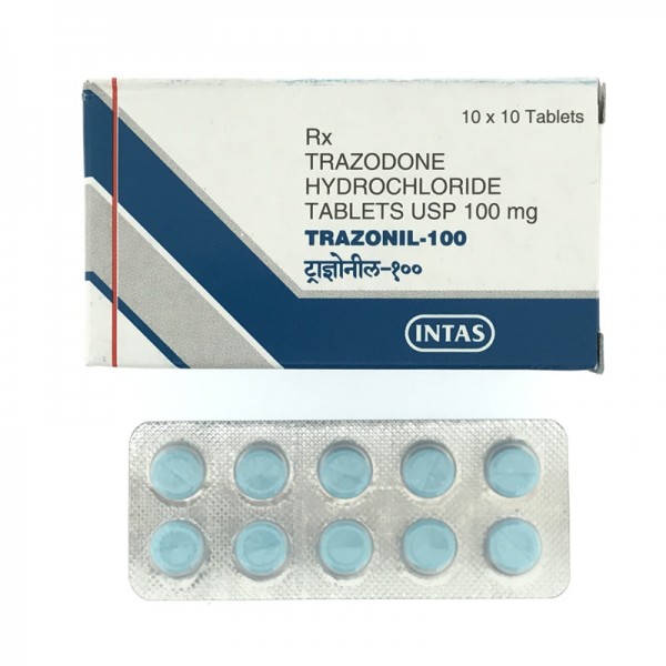 A box pack and a strip of Trazodone 100 mg Tablet 