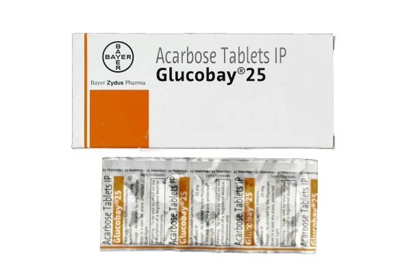Box and Blister strip of generic Acarbose 25mg tablets