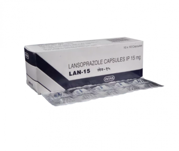 Box and blister strip of generic Lansoprazole 15mg capsule