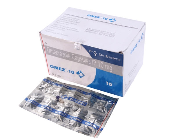 A blister strip and a box of Omeprazole 10mg capsule