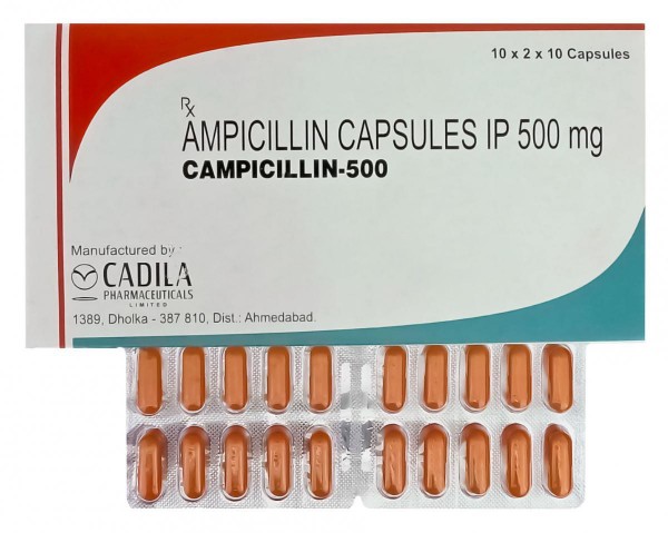 Box and blister strips of generic ampicillin 500mg capsules