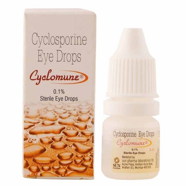 A box and a bottle of Cyclosporine 0.05 Percent Solution - 3ml Eye Drop