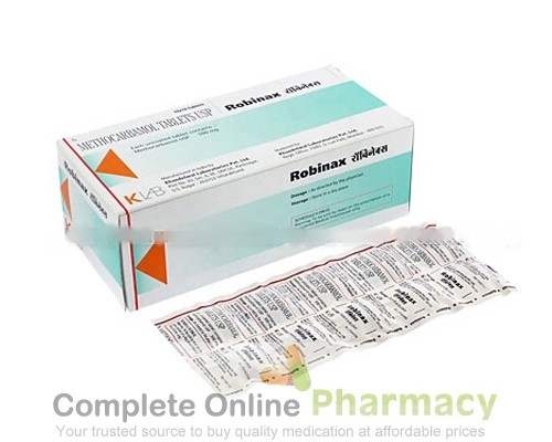A strip and box of generic methocarbamol 500mg Tablets