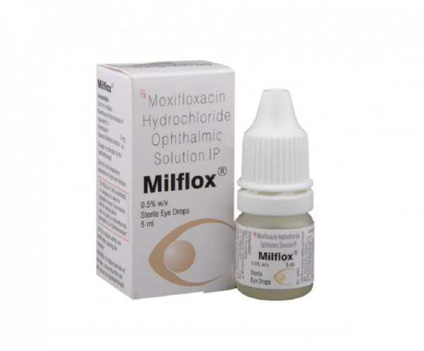 A box and a bottle of Moxifloxacin 0.5% 5 ml Eye Drops