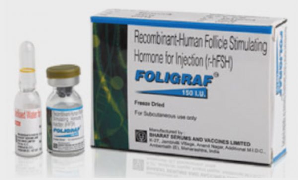 A vial and a box of Recombinant Human follicle stimulating hormone 150IU Injection