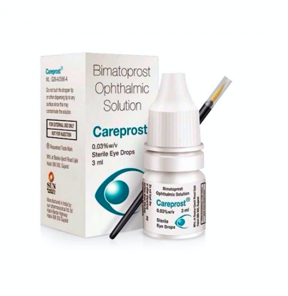 Box and a bottle of Bimatoprost Opthalmic Solution with Brush Applicator