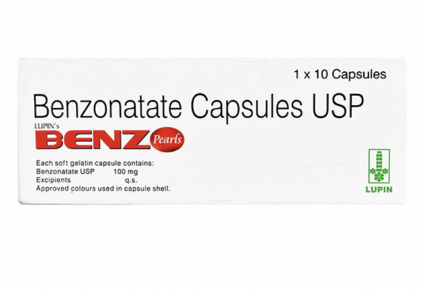 A box of Benzonatate 100mg capsules