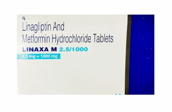 Front side of a box of generic Metformin (1000mg) + Linagliptin (2.5mg) Tablet