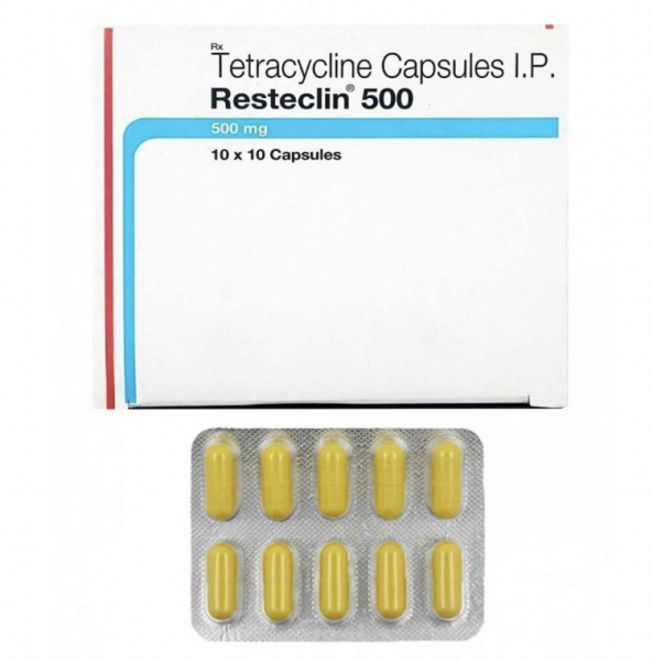 A blister pack and a box of generic Tetracycline (500mg) Capsule