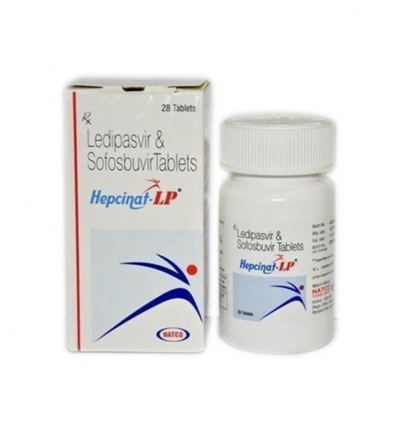 A box and a bottle of generic ledipasvir 90mg and sofosbuvir 400mg tablets