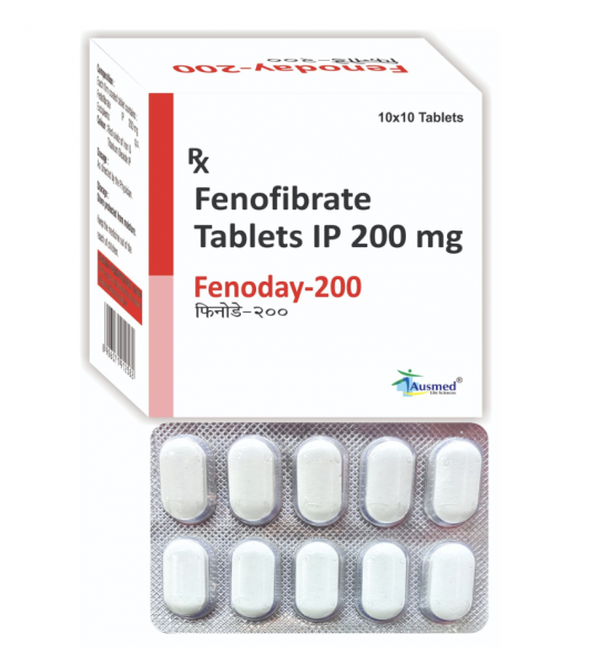 A box and a blister of generic Fenofibrate 200mg tablets