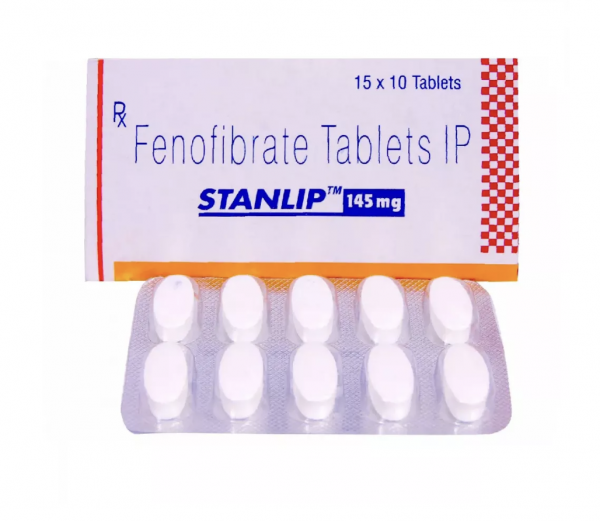 Blister strips and a box of generic Fenofibrate 145mg tablets