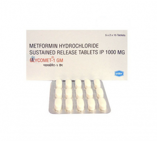Box and front and back of generic Metformin HCl 1000mg tablet blister strips