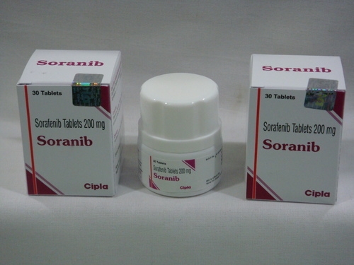 A bottle kept in between two boxes of generic Sorafenib 200mg tablets