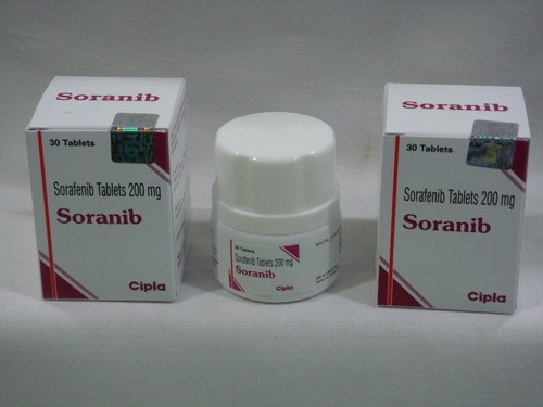 A bottle in between two boxes of generic Sorafenib 200mg tablets