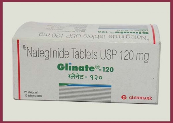 A box of generic Nateglinide 120 mg Tablets