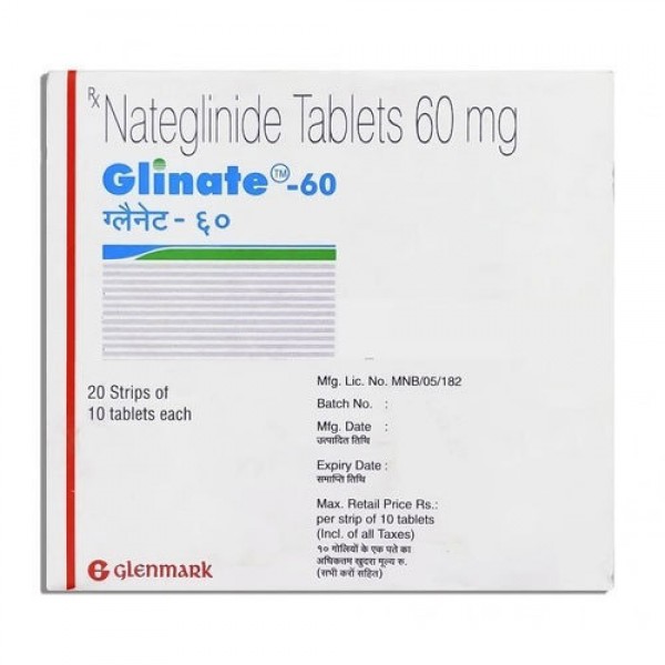 A box of generic Nateglinide 60 mg Tablets