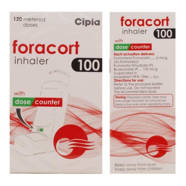Box and bottle of generic budesonide 100mcg, formoterol fumarate 6mcg inhaler