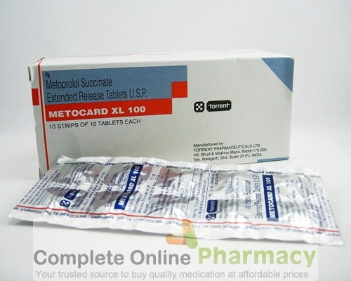Blister and a box of generic Metoprolol Succinate 100mg tablets