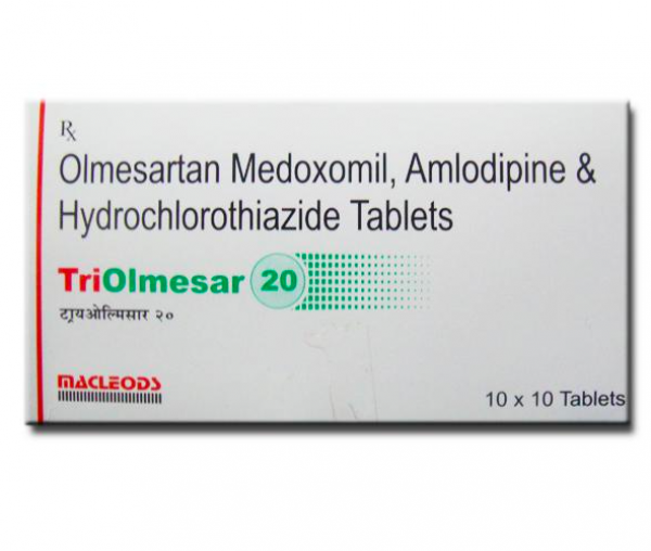 A box of Olmesartan Medoxomil (20mg) + Amlodipine (5mg) + Hydrochlorothiazide (12.5mg) tablets. 