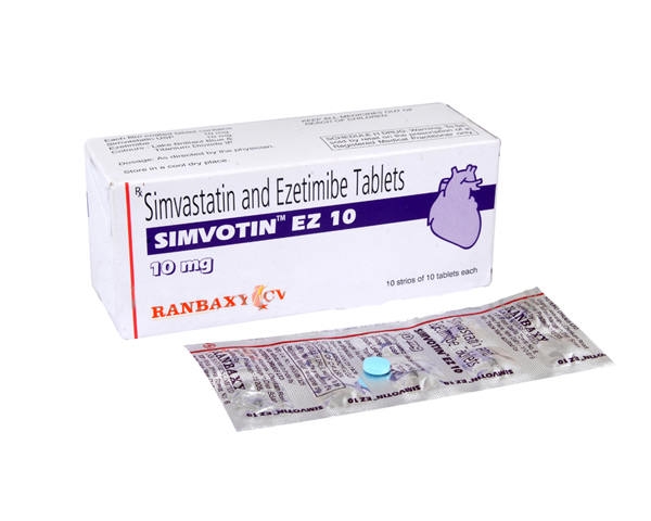 A pill , blister and a box of generic Ezetimibe and Simvastatin 10mg/10mg tablets