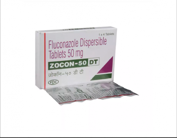 A box and a blister pack of generic fluconazole 50mg tablet